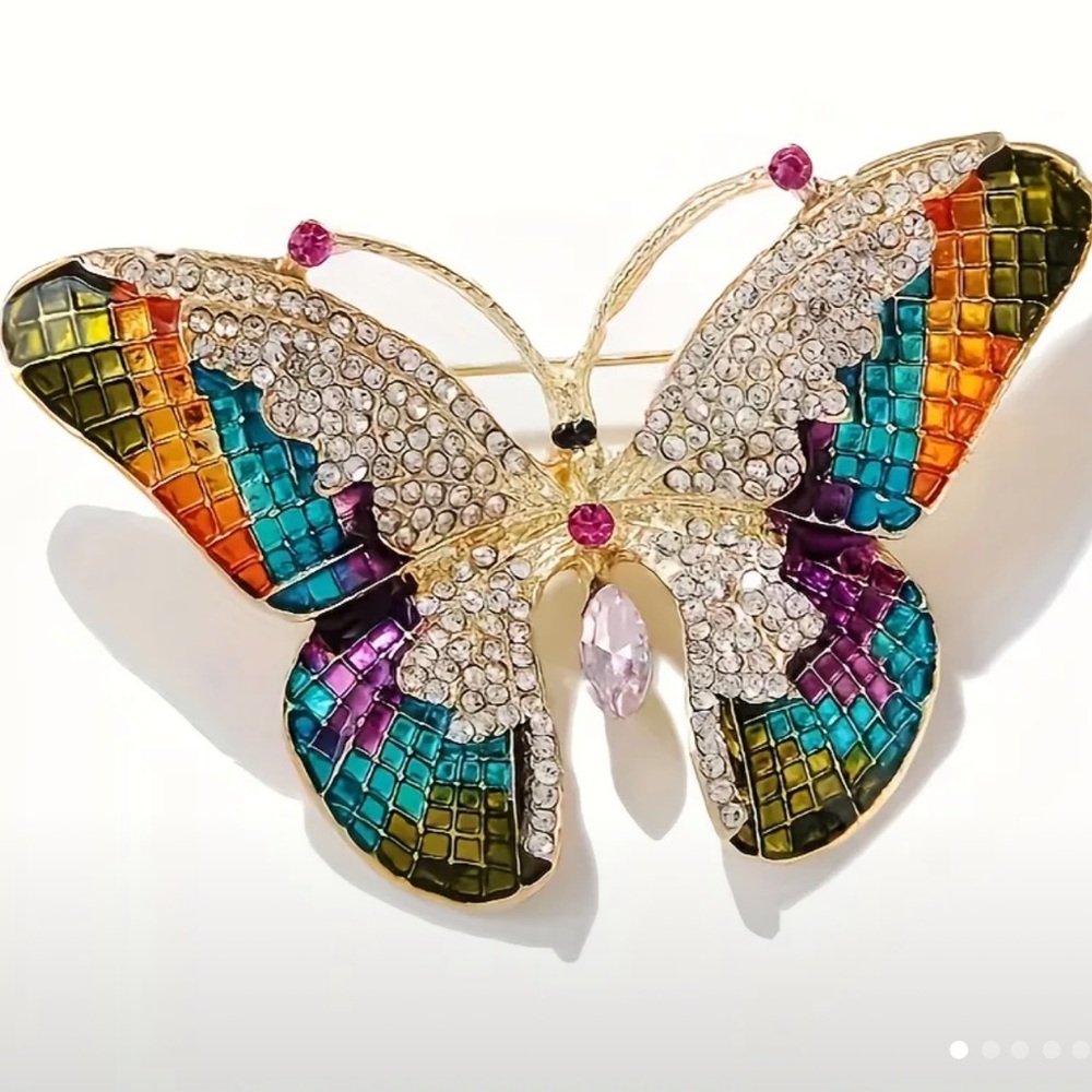 Butterfly pin various gemstones enamel coated brand new gold tone